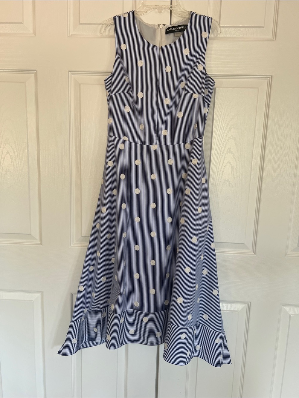 Karl Lagerfeld Navy Blue and White Polka Dot Striped Midi Dress